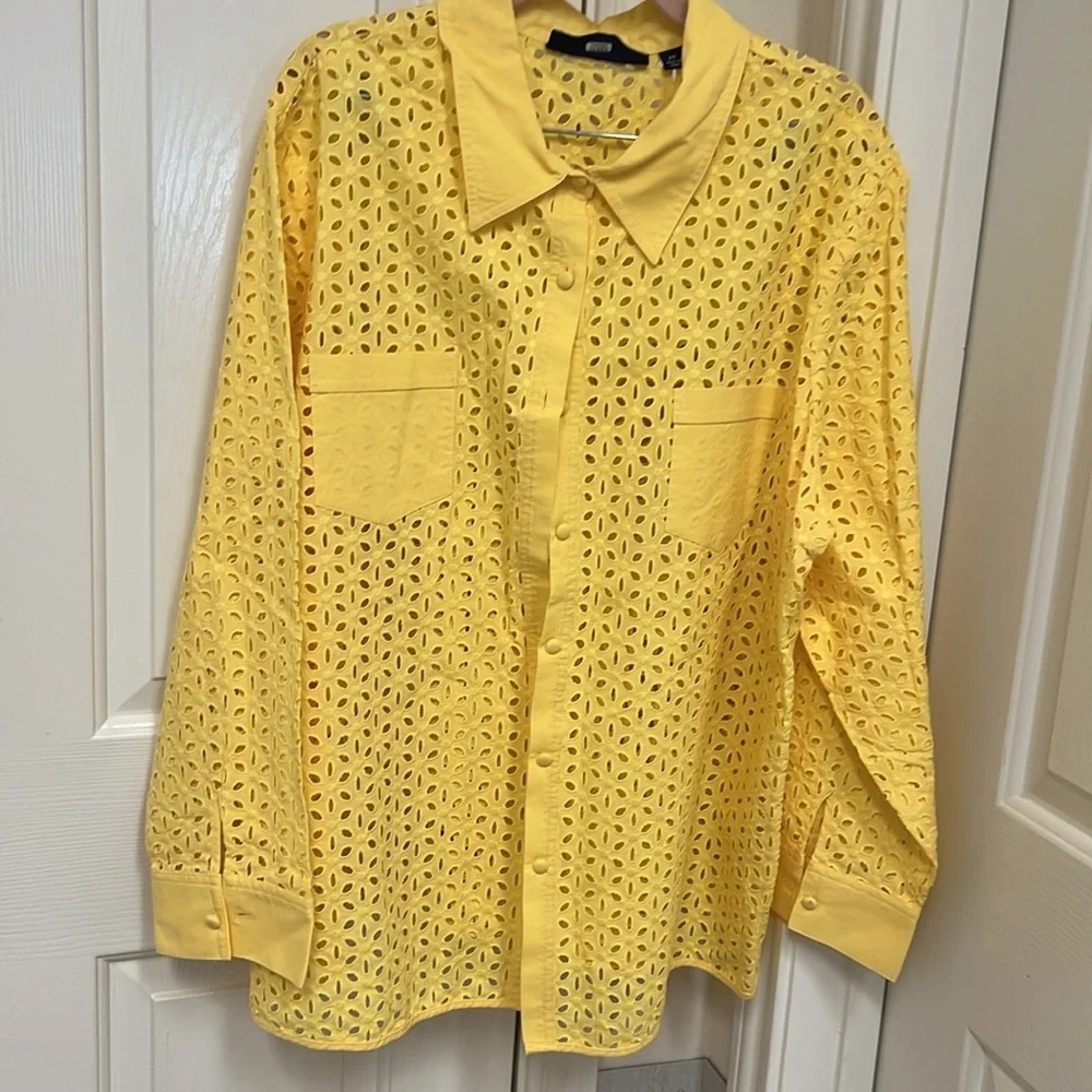 Susan Graver Yellow Eyelet Top - Picture 2 of 4